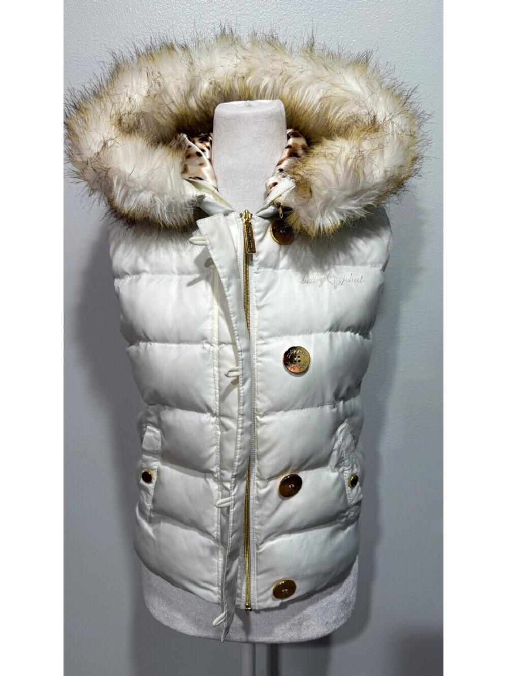 Baby Phat Girls White Hooded Puffer Vest Faux Fur Trim Full Zip Size S